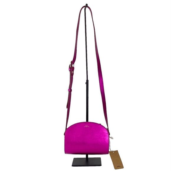 A.P.C Demi Lune Mini Bag Fuchsia Crossbody Purse Metallic Pink Leather - Picture 2 of 14